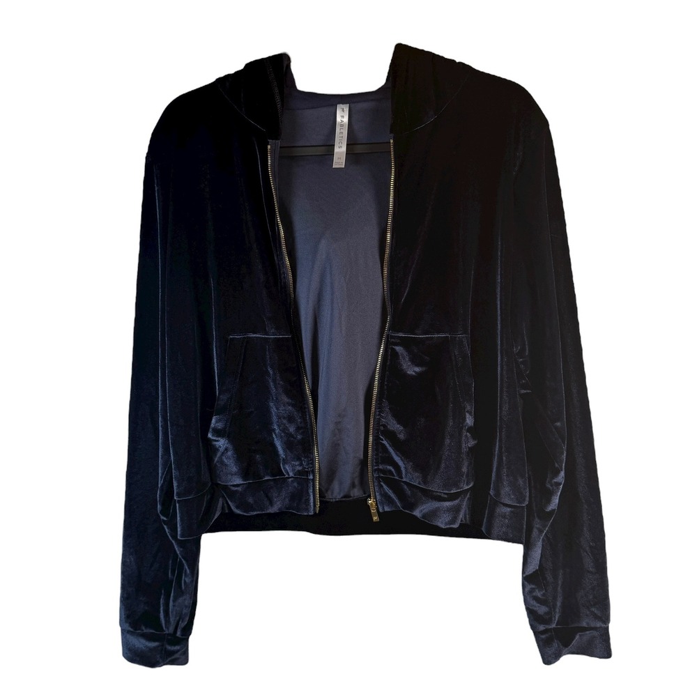 Fabletics Womens Sz M Velvet Velour Hoodie Zip Up Jacket Navy Blue Gold Hardware - Picture 2 of 8